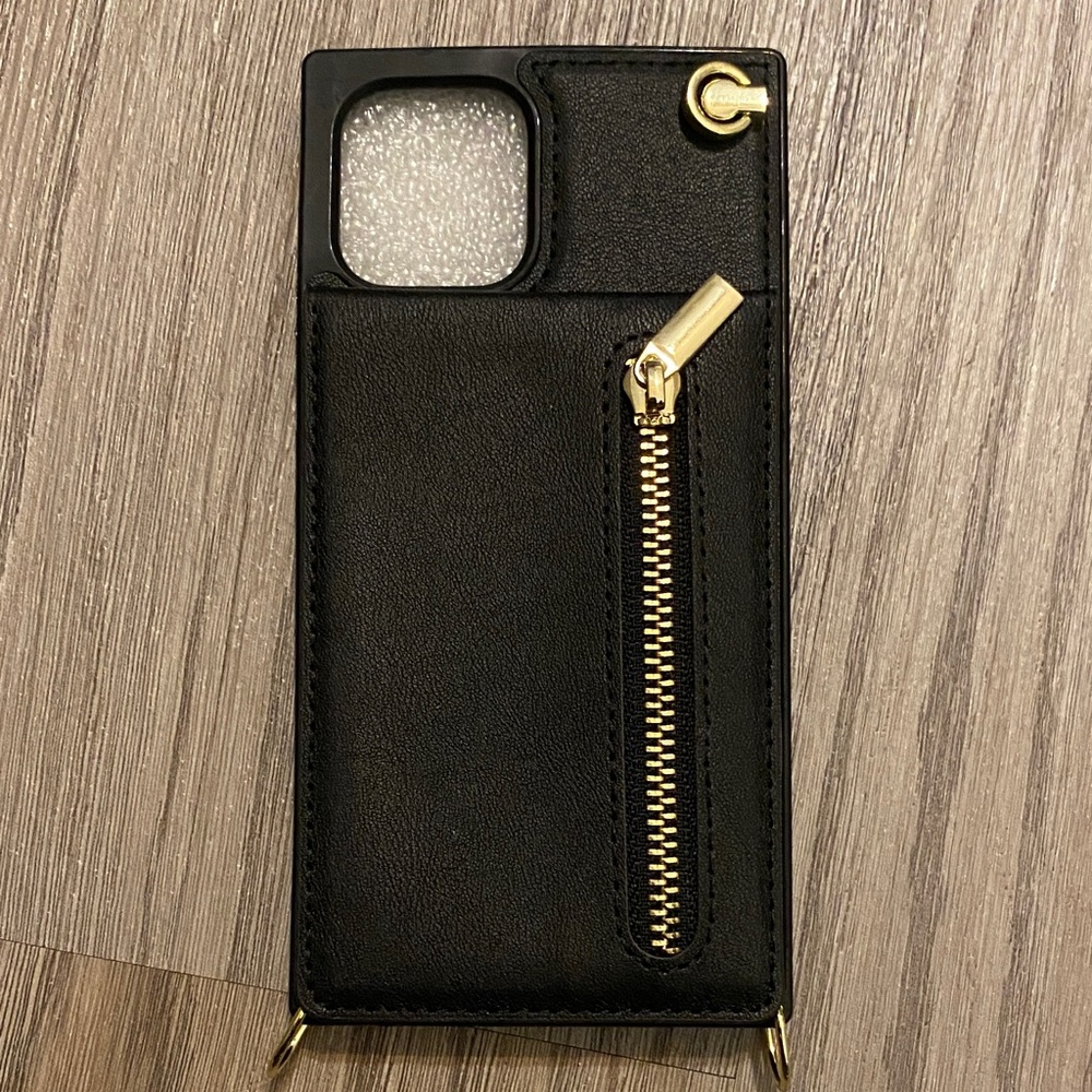 Black Leather Phone Case with Gold Accents